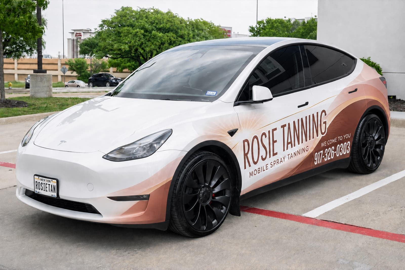 The Rosie Tanning mobile spray-tanning car wrap, reading Rosie Tanning · Mobile Spray Tanning · We Come To You · 917-326-0303